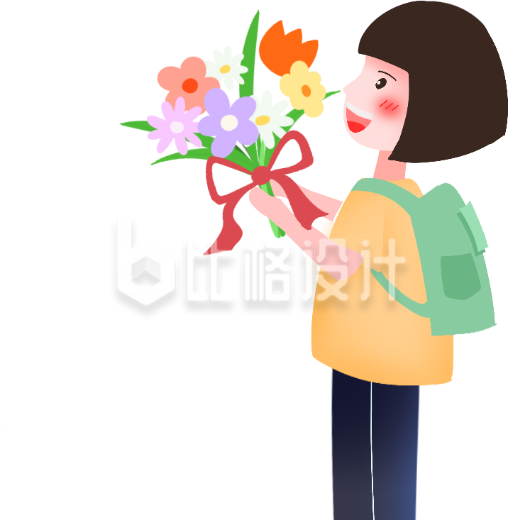 背着书包的学生手持鲜花束的可爱插画