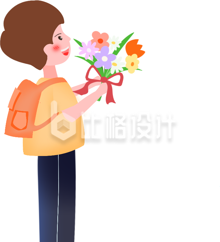 背着书包手持花束的学生形象插画 背着书包手持花束的学生形象插画