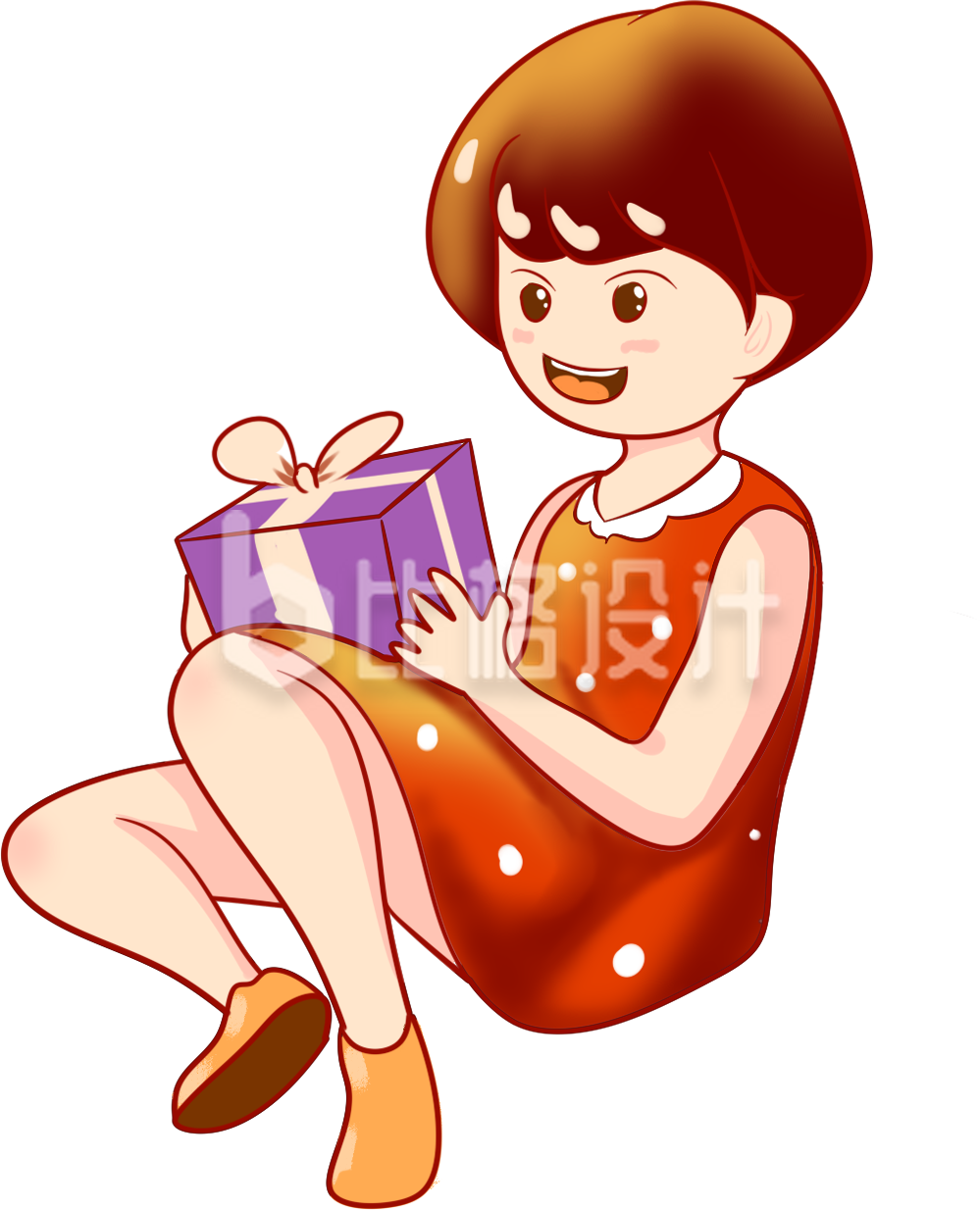 可爱女孩手持礼品盒的温馨插画