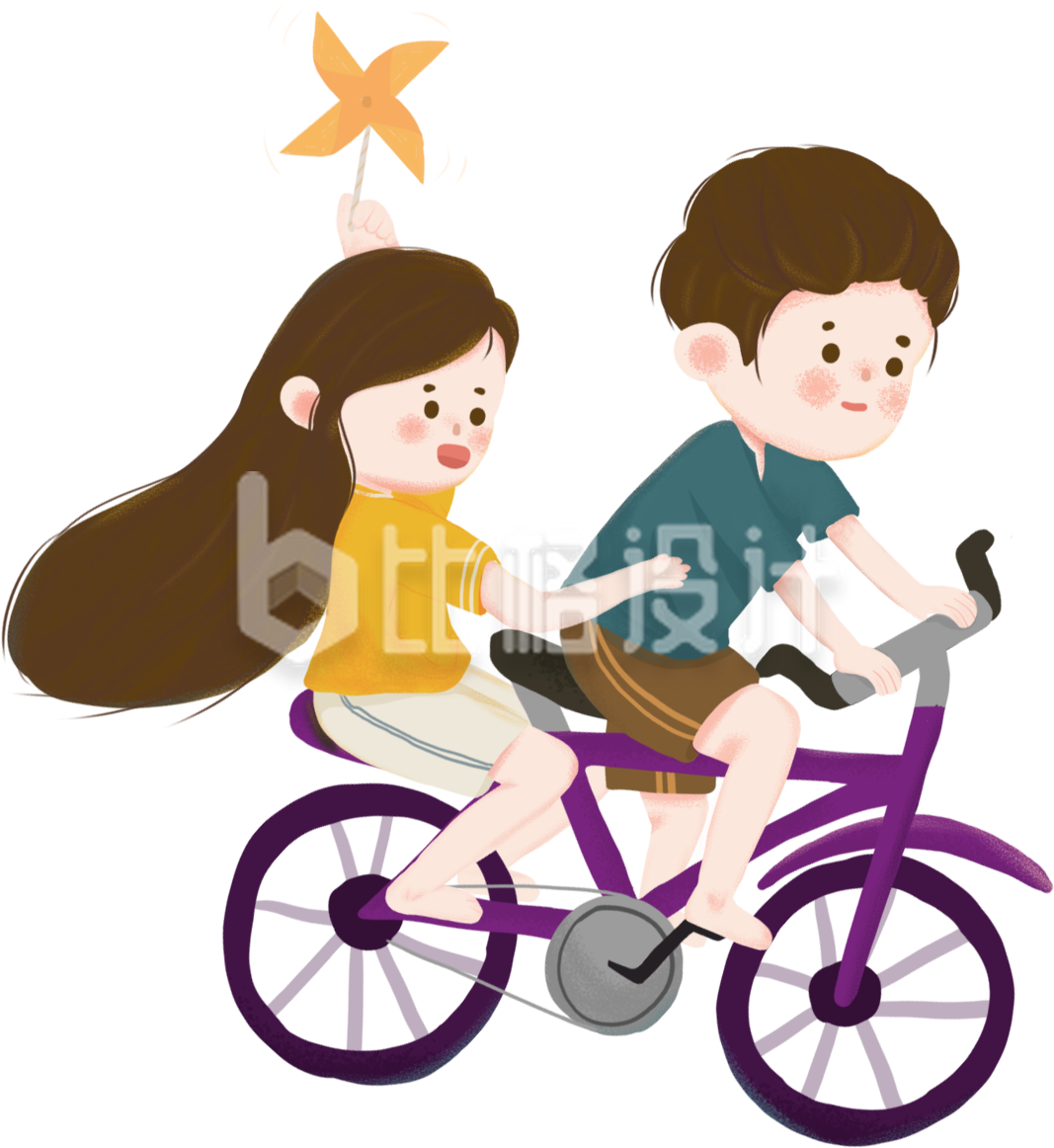 手绘卡通可爱情侣骑自行车插画