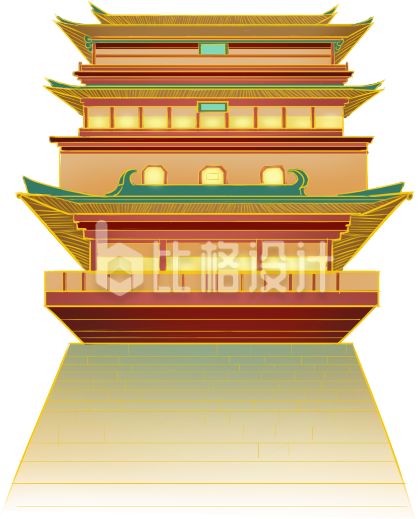 手绘国潮风传统建筑塔楼