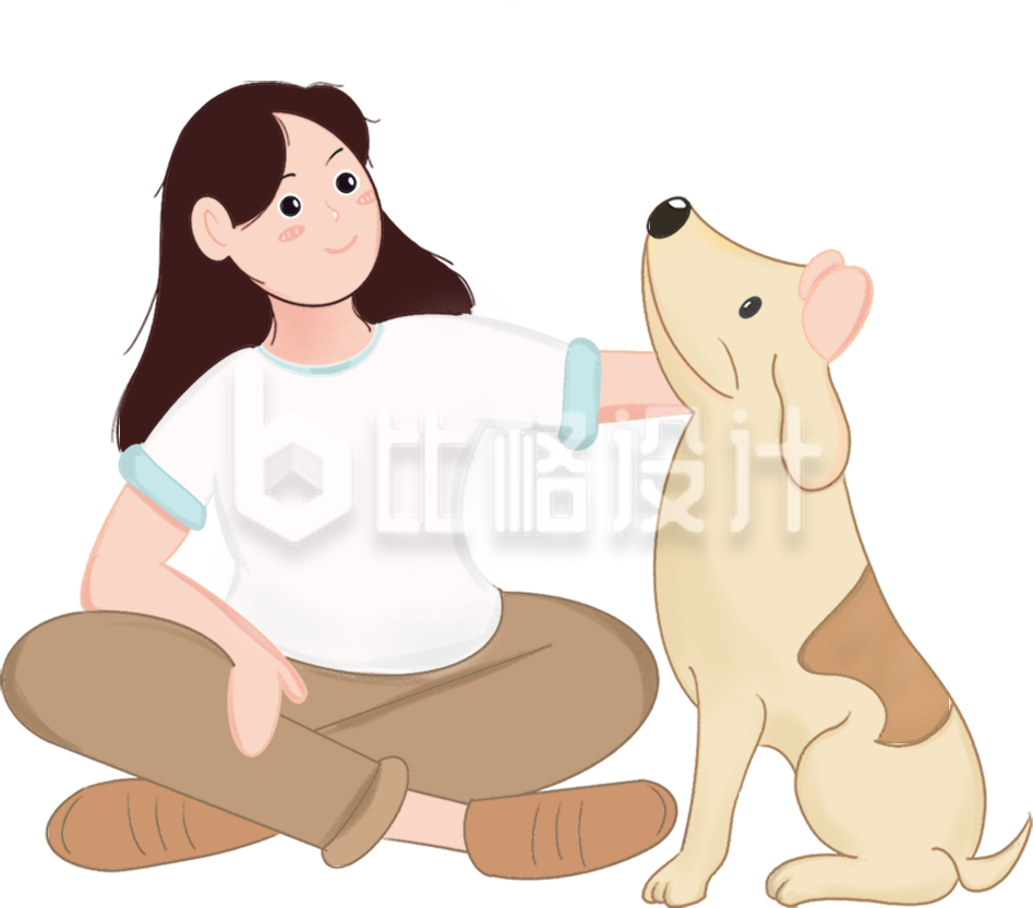 手绘小女孩和宠物狗