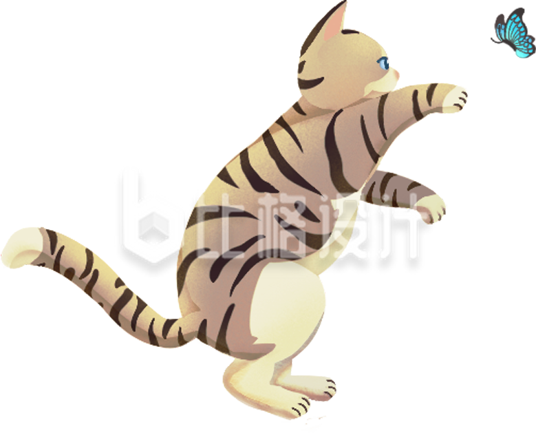 可爱虎斑猫追逐蝴蝶插画素材