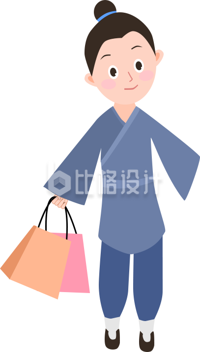 古装人物手提购物袋的可爱扁平风插画