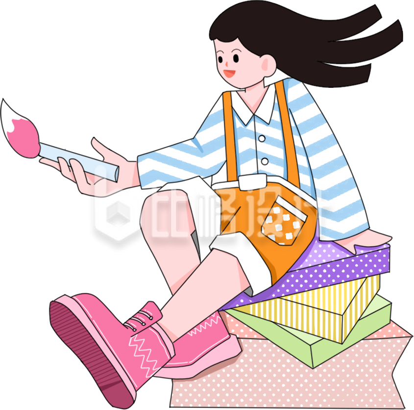可爱女孩手持画笔坐在礼品堆上的插画