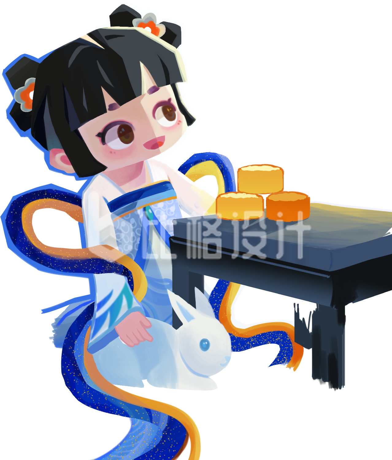 可爱古装女孩与白兔赏中秋月饼插画