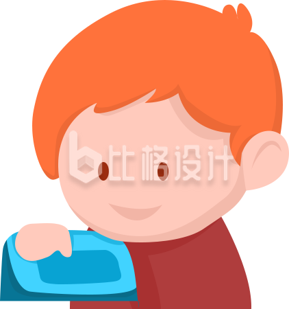 可爱红发小孩手持蓝色箱包形象图