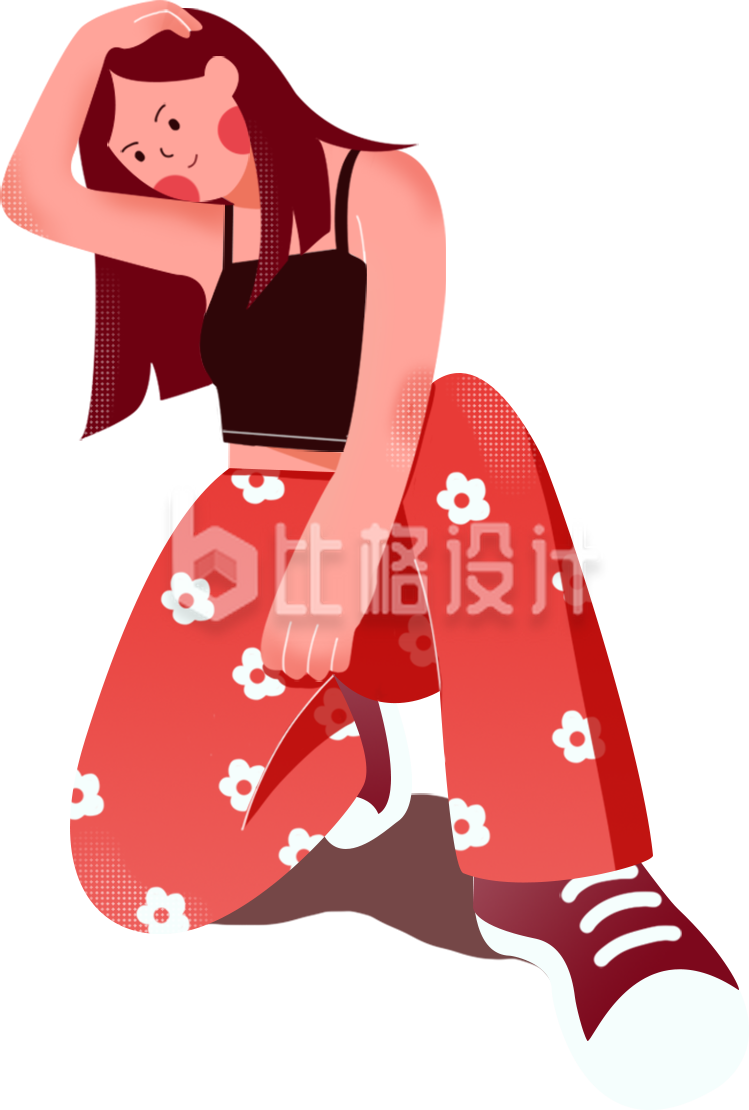 时尚女孩蹲坐姿态的可爱插画形象