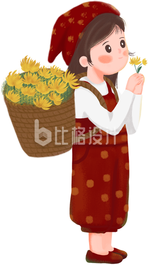 手绘采菊花的小女孩