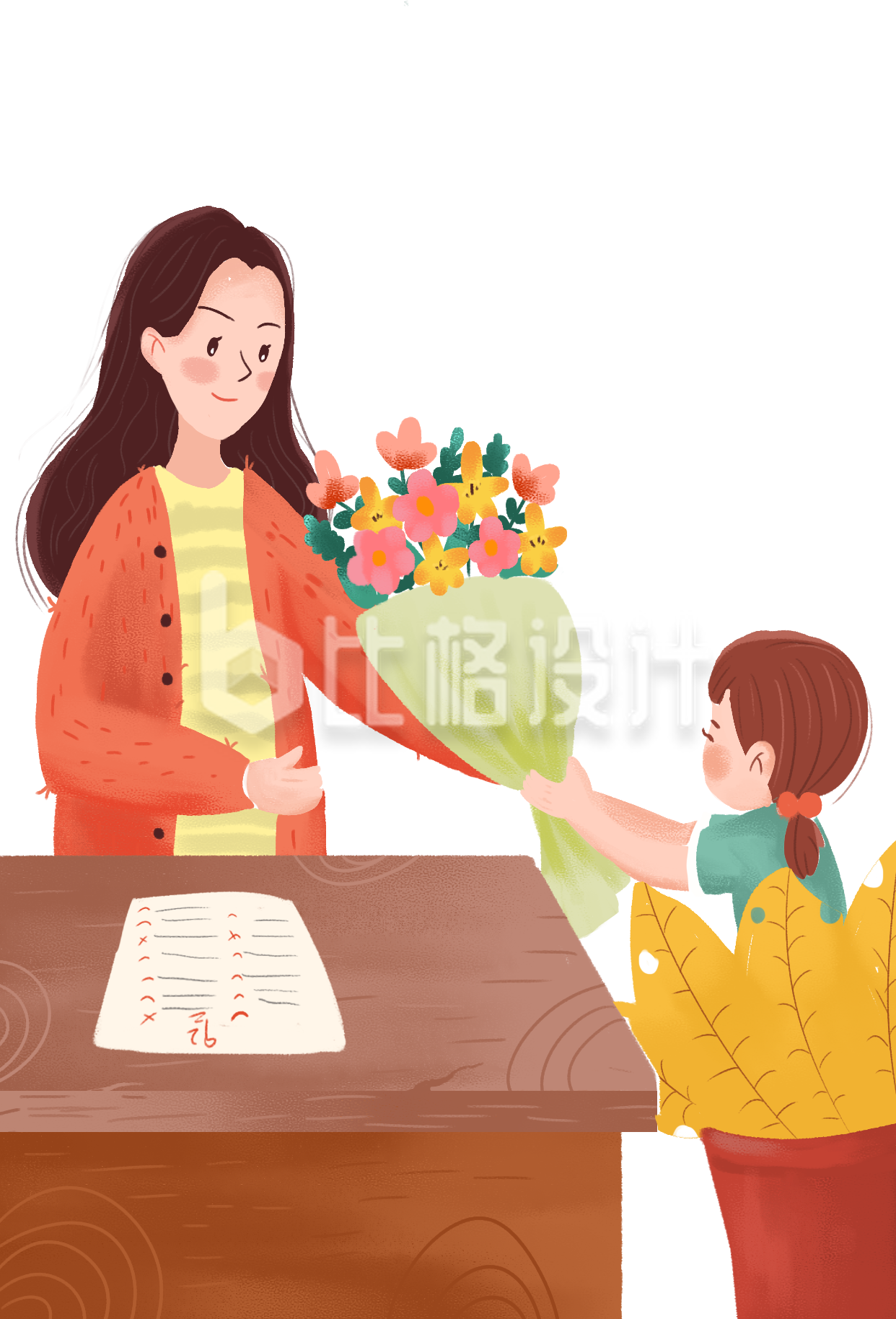 手绘教师节学生送花人物插画