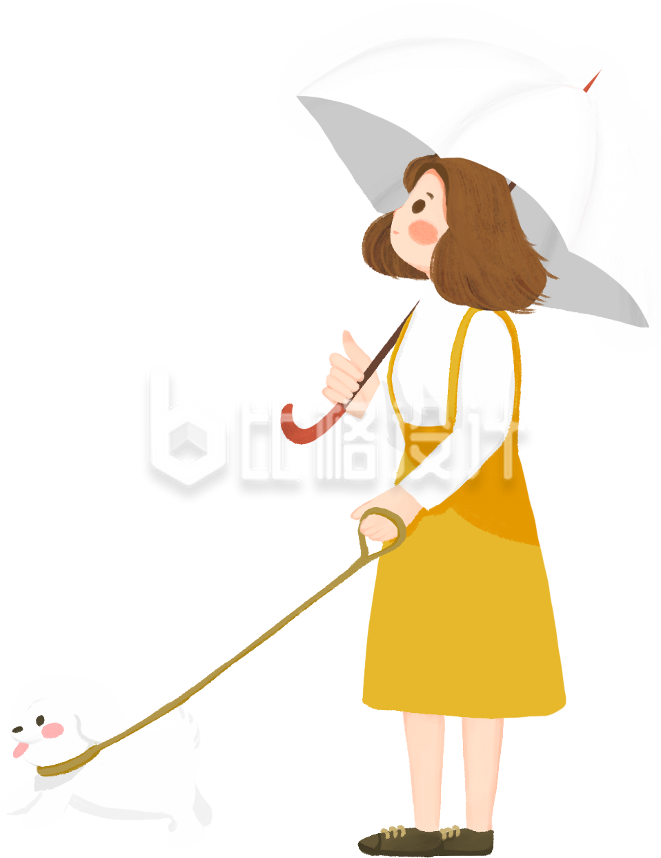 手绘可爱遛狗的女孩