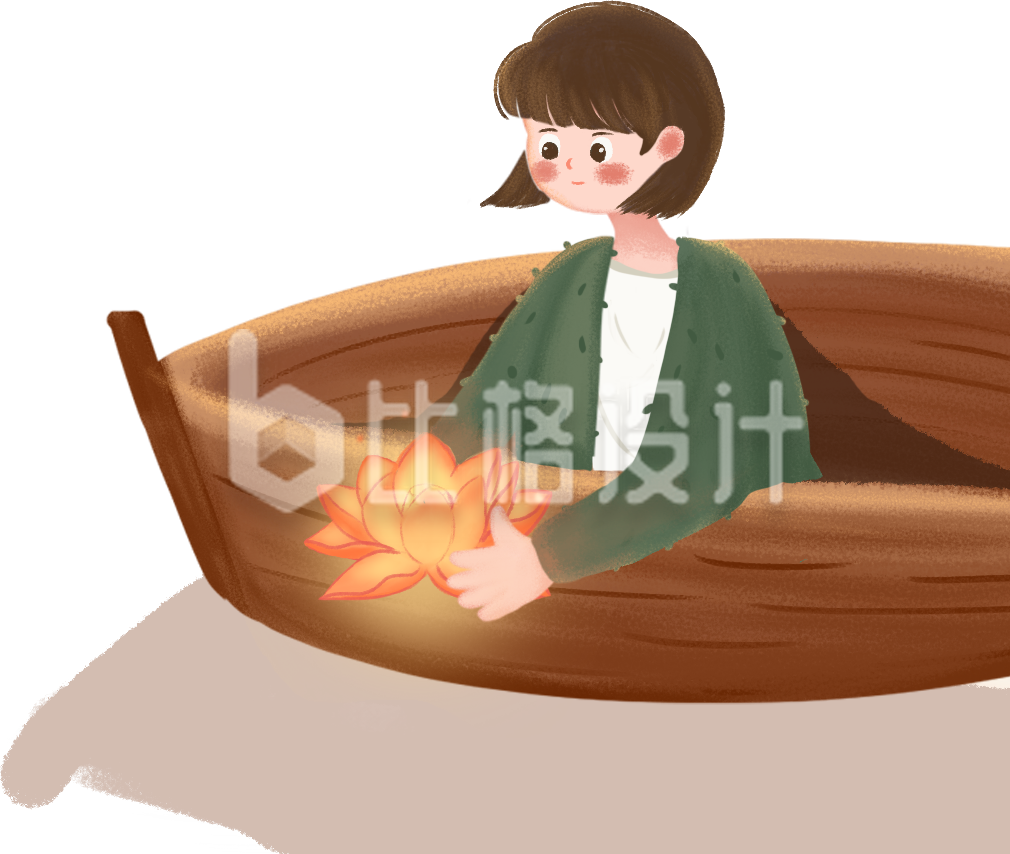 手绘女子船上放河灯祈福插画 手绘女子船上放河灯祈福插画