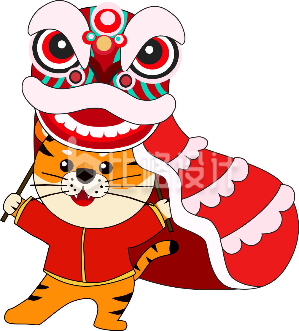 老虎舞狮子手绘插画