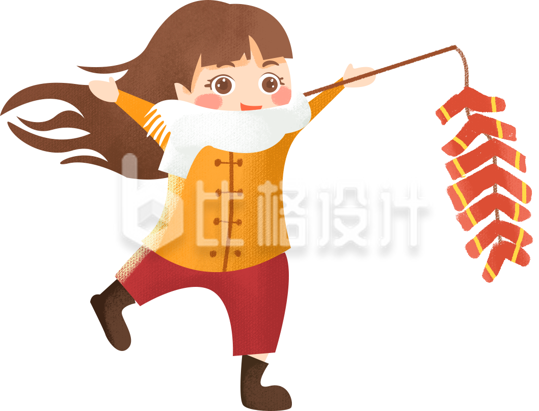 可爱的小姑娘拿鞭炮手绘