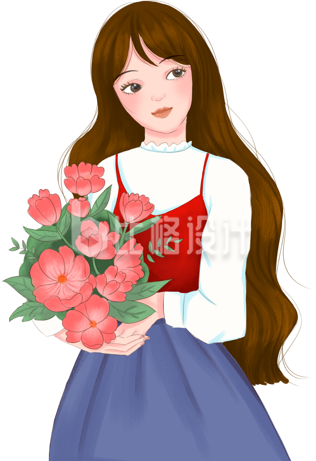 抱着花的小姐姐手绘插画