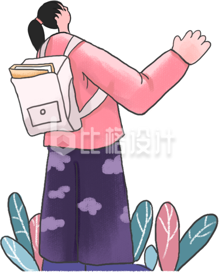 背着书包的小女孩手绘插画