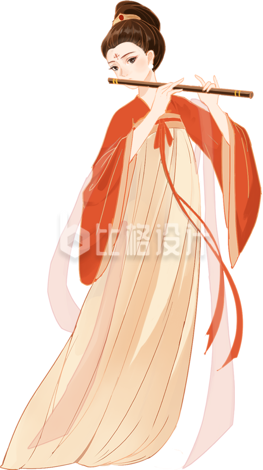 美少女古装笛子手绘