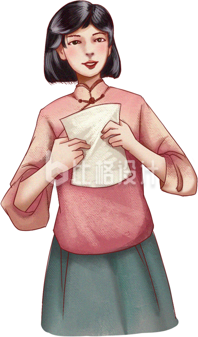 身着传统服饰手持纸张的优雅女士形象图