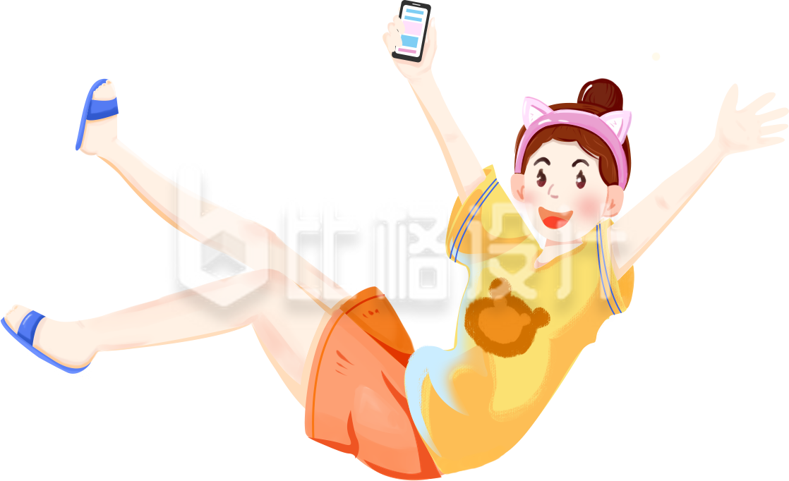 活力女孩开心玩手机的可爱漫画卡通图