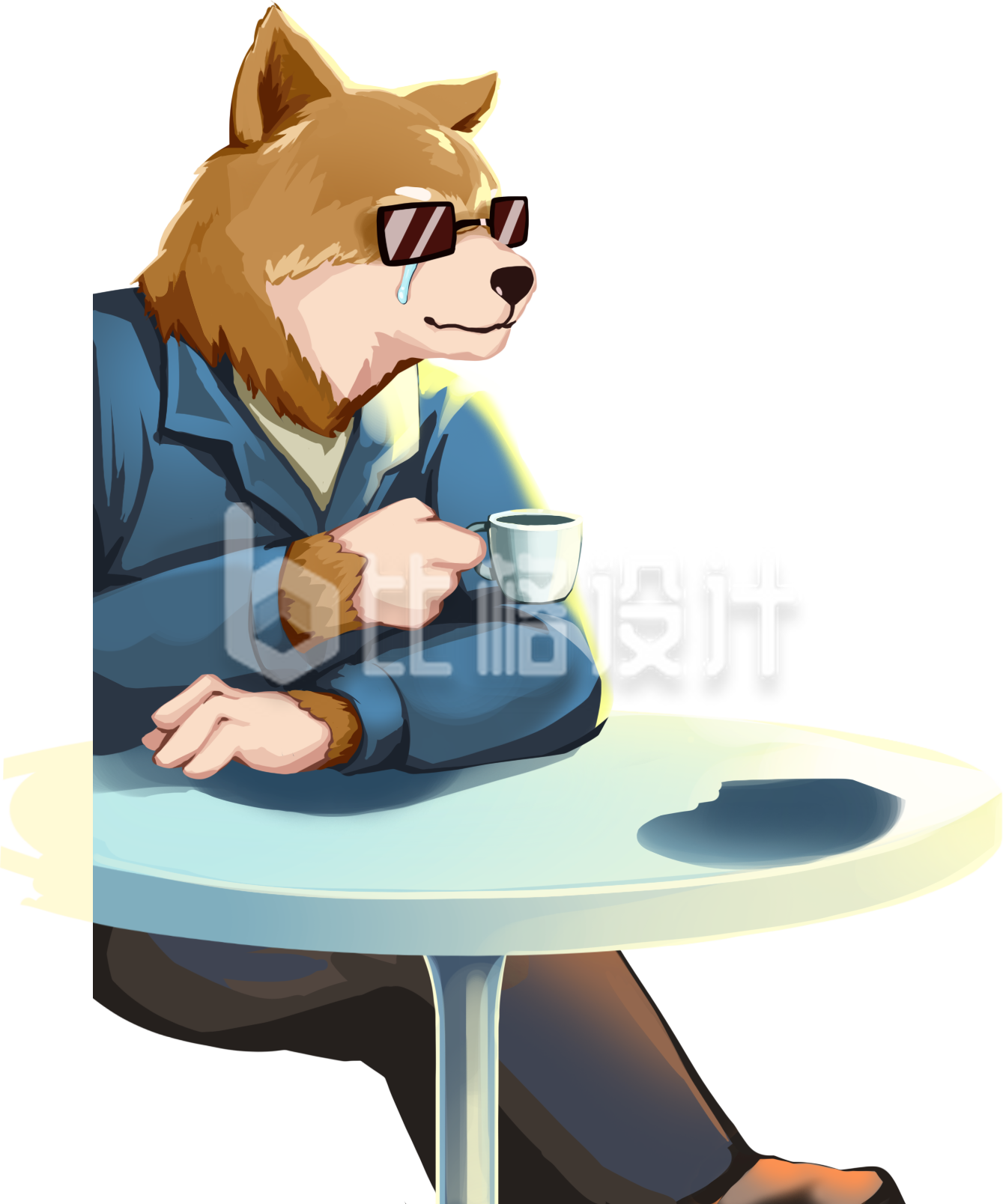戴着墨镜的动物形象手持咖啡杯惬意放松