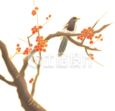 枝头鸟立红梅开 中式手绘风花鸟图赏