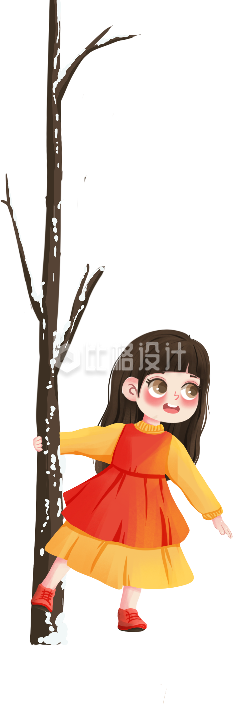 冬天抱树可爱女孩