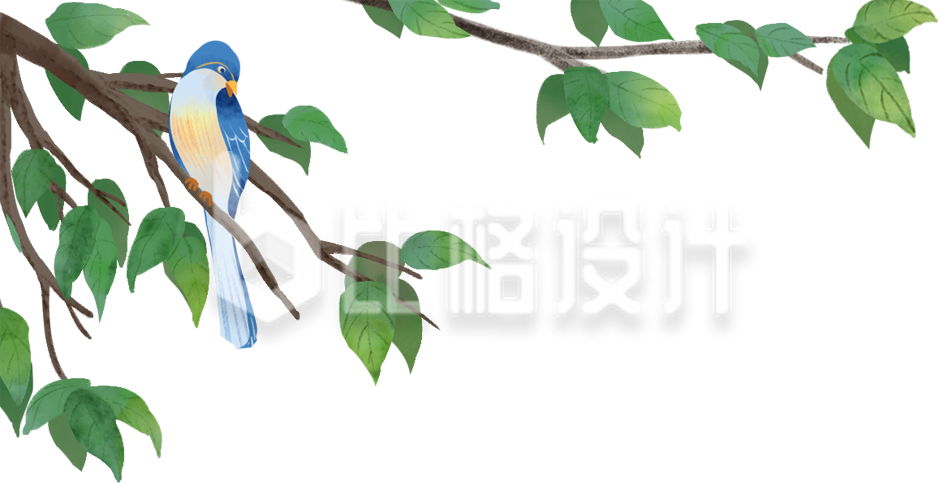 树枝上有只鸟手绘
