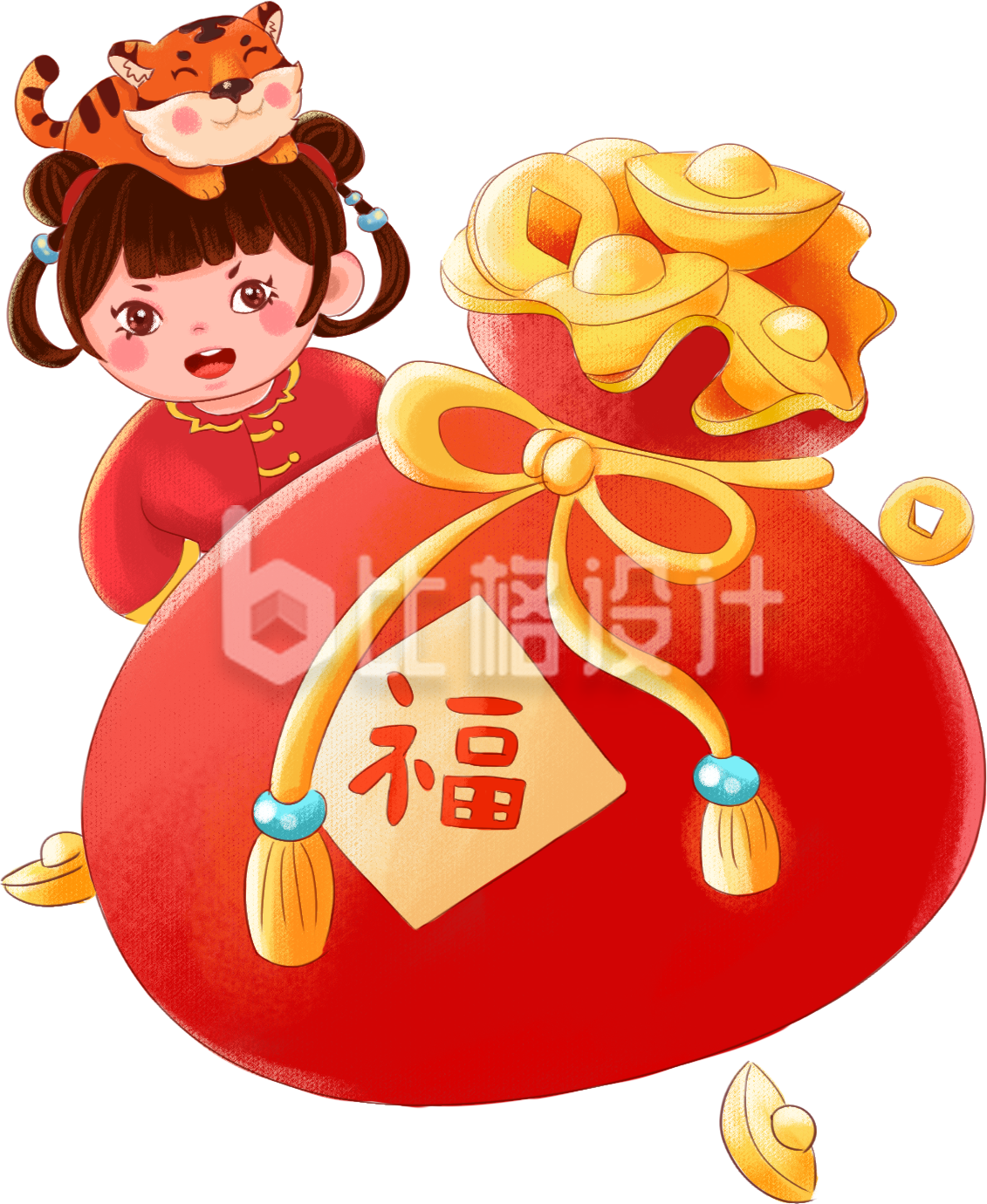 小女孩红包领取手绘插画