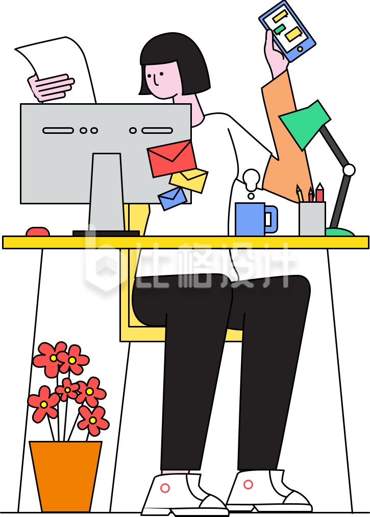 手绘插画可爱的小女孩在工作