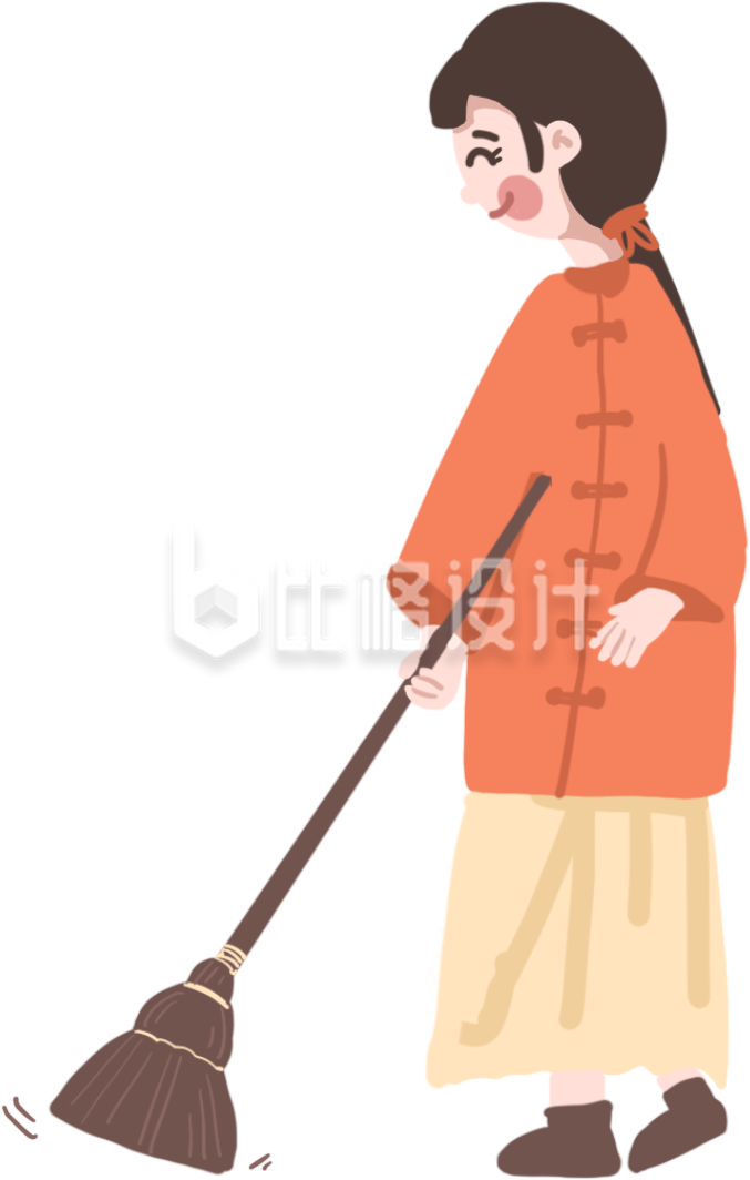 古装女子手持扫帚打扫卫生的可爱插画