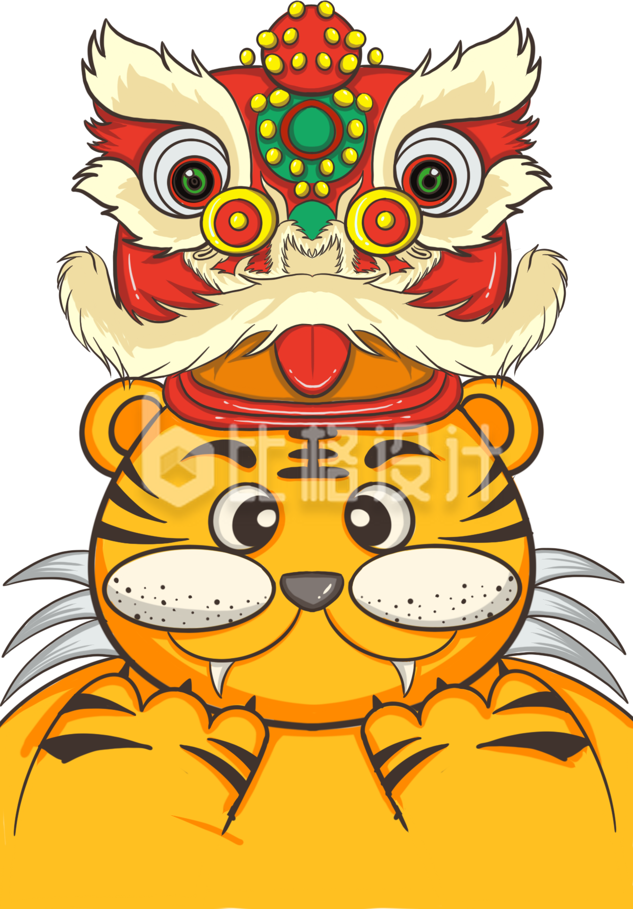 可爱老虎舞狮子手绘趣味