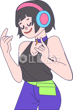 听音乐的小女孩手绘插画