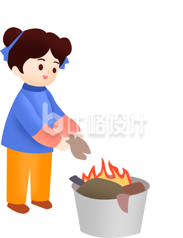 可爱女孩正在生火的趣味卡通插画