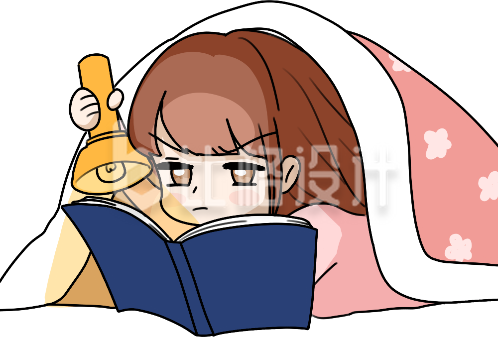 被窝里打着手电筒看书的女孩形象卡通图