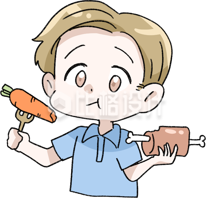 手持胡萝卜与肉的卡通人物形象趣味可爱