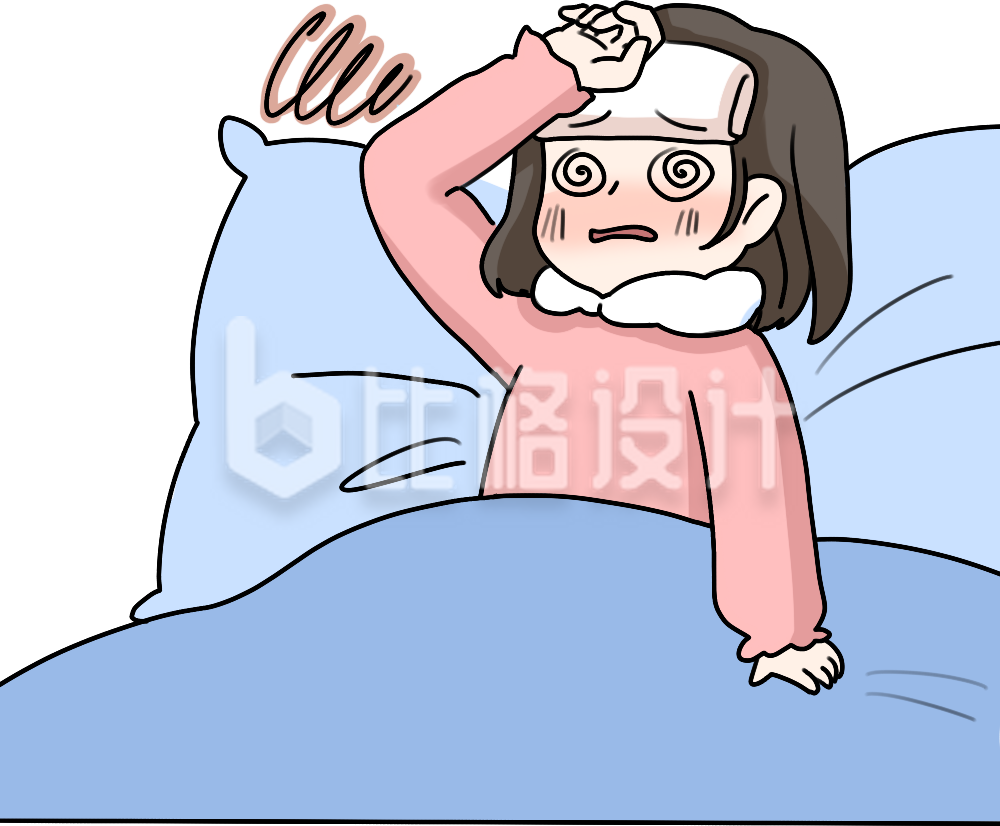感冒发烧小女孩手绘插画