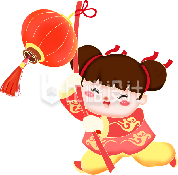 可爱拿着小女孩灯笼手绘插画