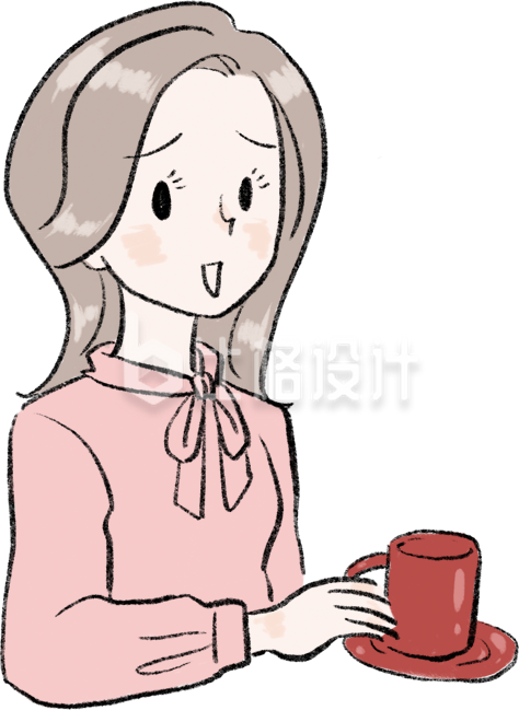 皱眉喝咖啡的女士手绘插画