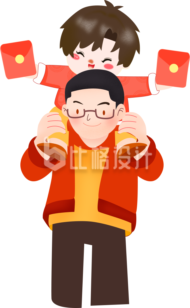 爸爸背着孩子手绘插画趣味