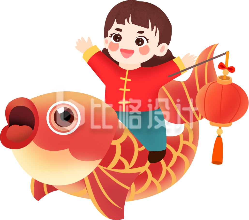 鲤鱼插画小女孩手绘