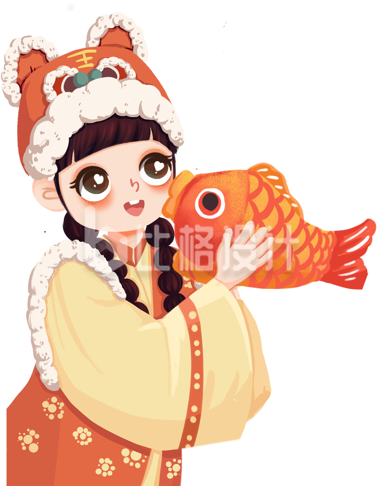 手绘卡通可爱小女孩年年有余插画 手绘卡通可爱小女孩年年有余插画