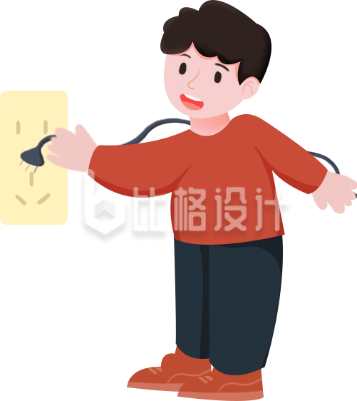 红衣男孩拔插头动作 电器使用安全需牢记