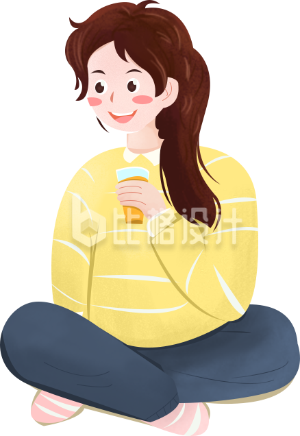 可爱女孩盘坐手持饮品的休闲时光插画