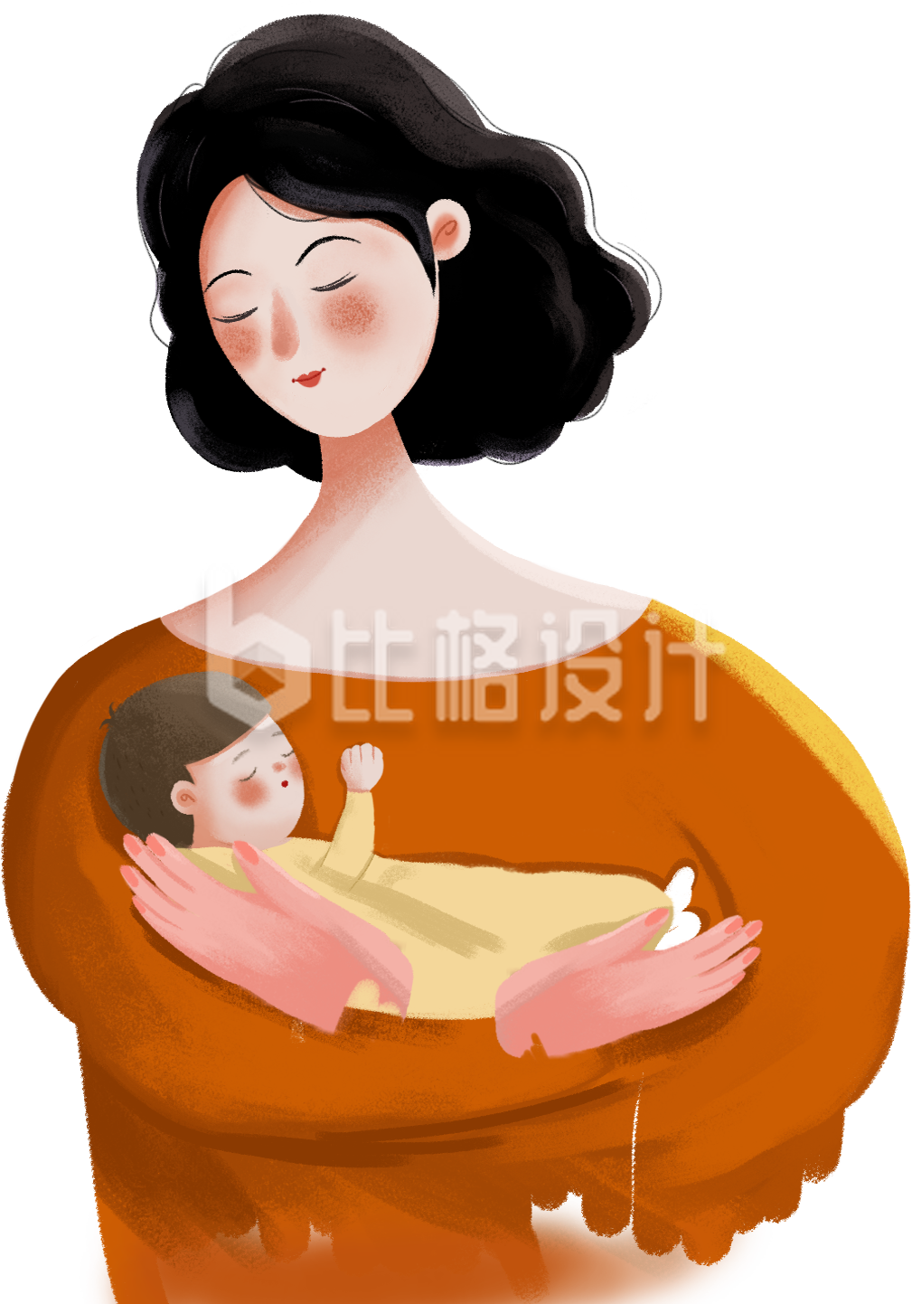 母亲抱着孩子温馨手绘