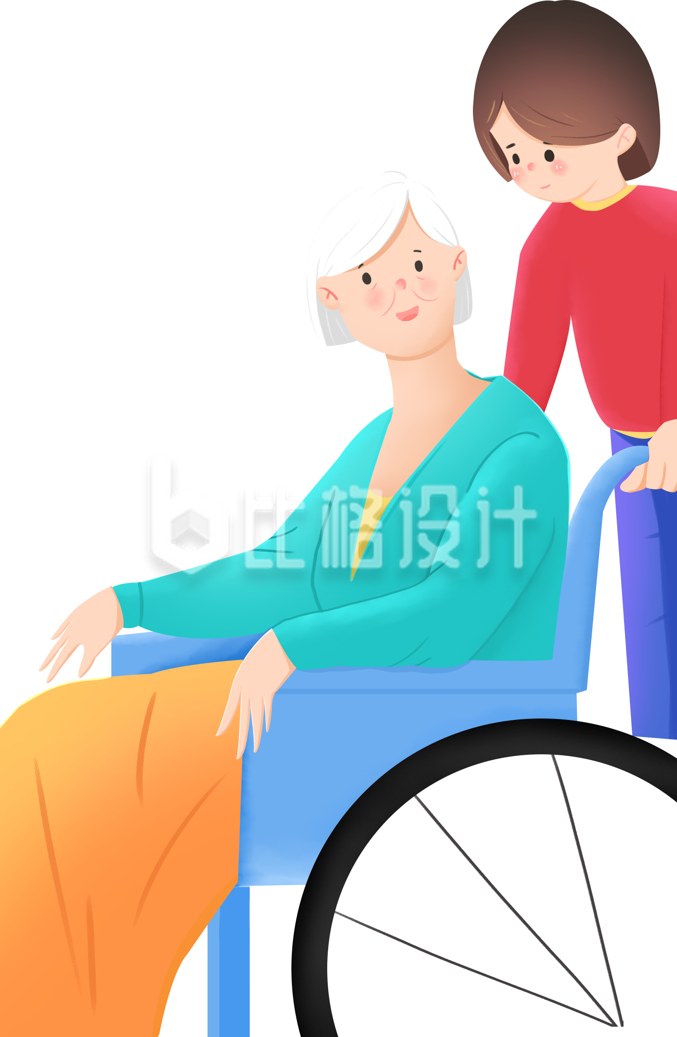老人与年轻人残疾人手绘