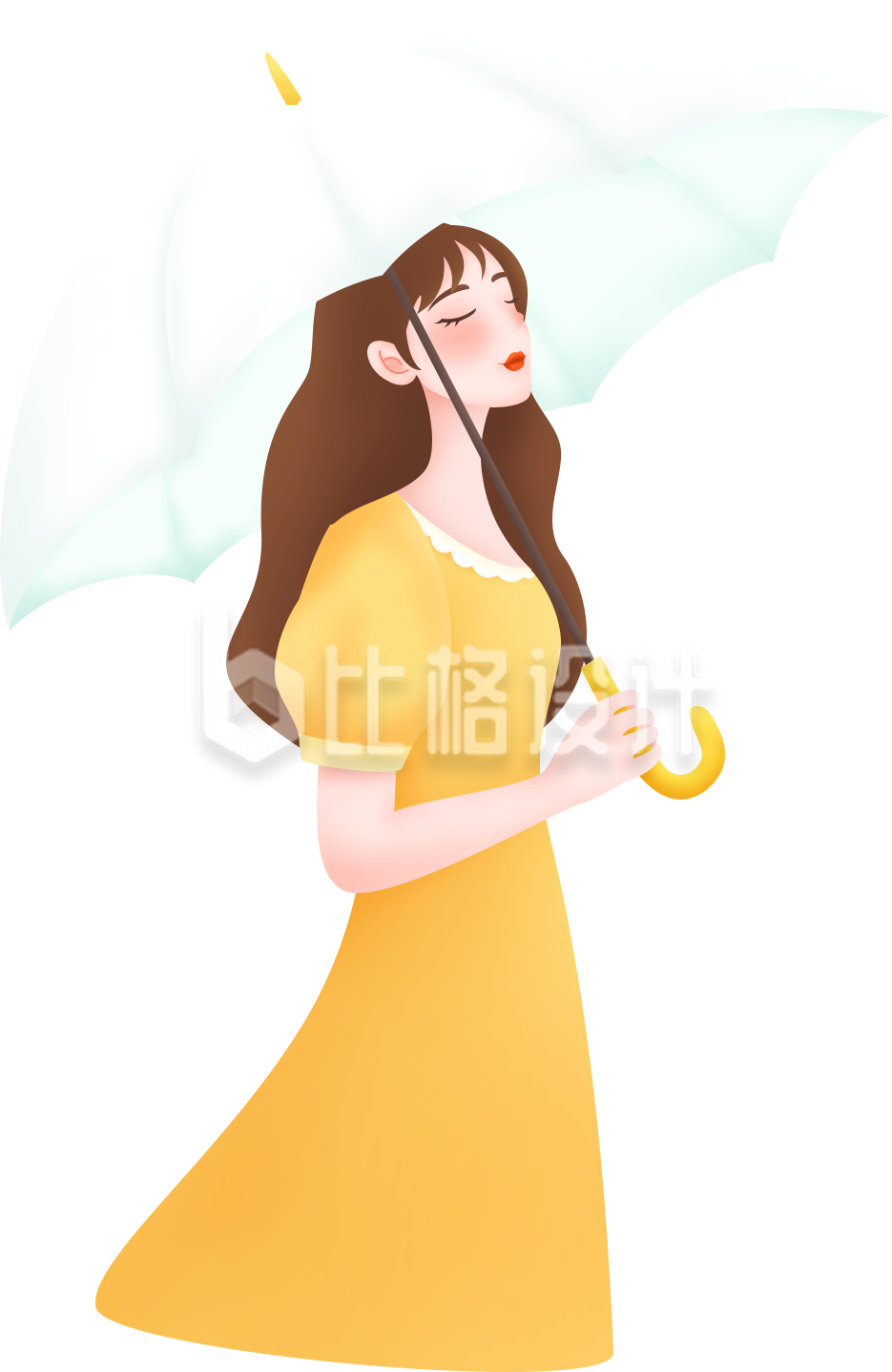 手持白伞的黄裙女子插画形象清新优雅