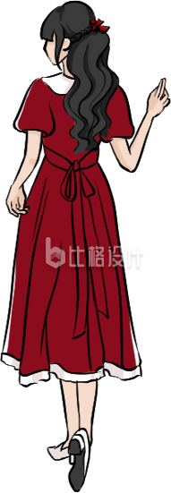 身着红色长裙的优雅女士背影形象图