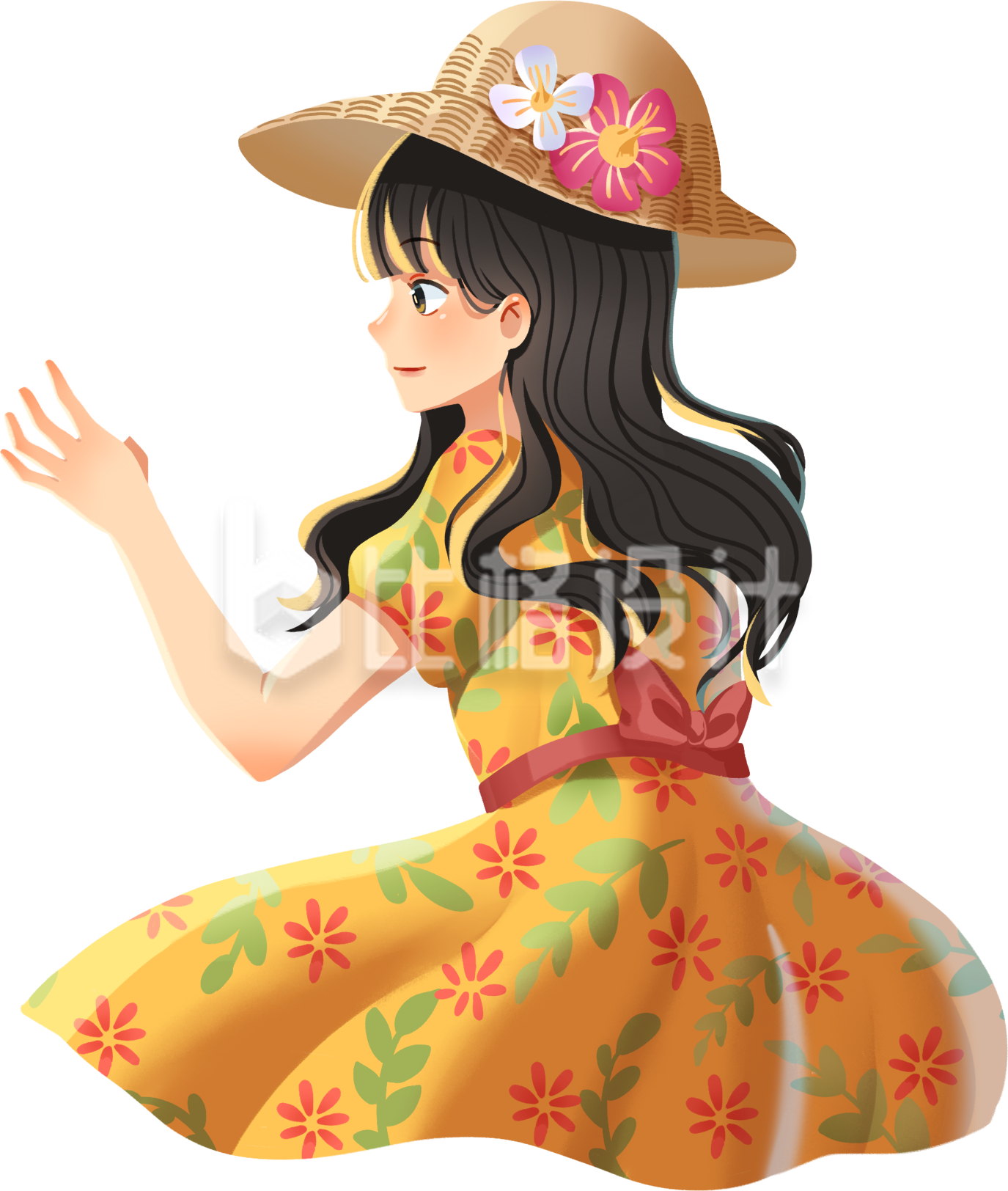 美少女喝奶茶手绘插画