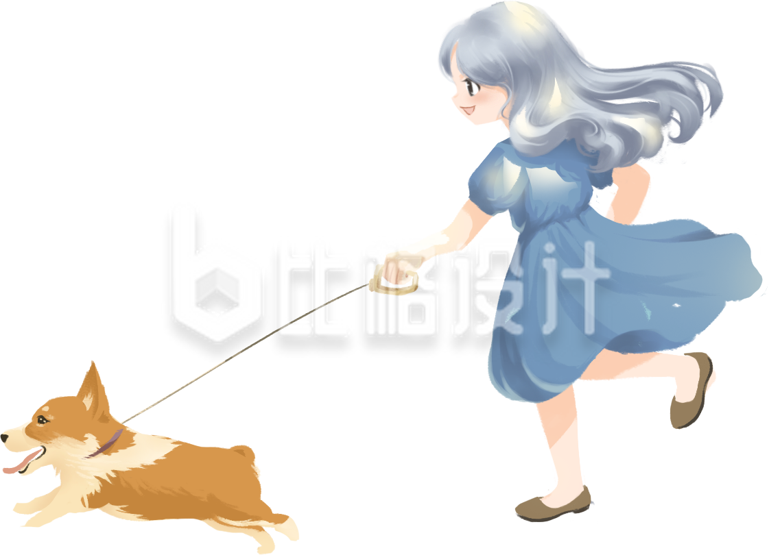 可爱小女孩带着柯基小狗跑步手绘