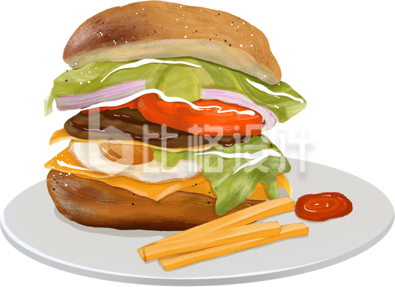 汉堡包手绘美食插画